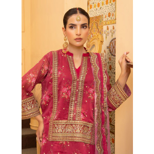 Ahlam Crimson Dahlia Embroidered Printed Silk Suit 3-piece