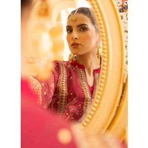 Ahlam Crimson Dahlia Embroidered Printed Silk Suit 3-piece