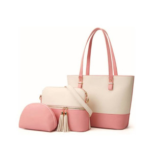 Jazzy Stylish Shoulder Hand Bag Pink and White - 3 Piece