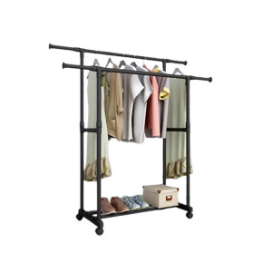Easy Shop Double Pole Cloth Hanging Stand with Shoe Rack - Black
