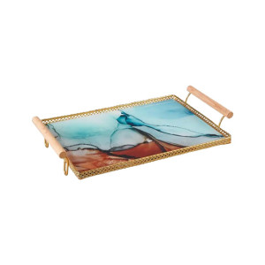 Easy Shop Frame Glass Serving Tray With Golden Metal Handle
