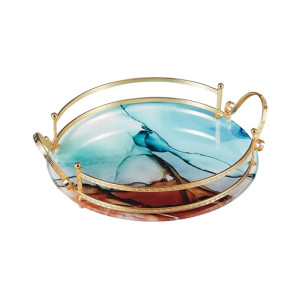 Easy Shop Fringe Frame Round Glass Serving Tray With Golden Metal Handle