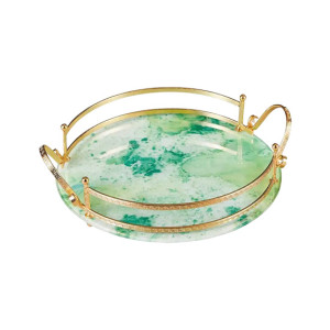 Easy Shop Fringe Frame Round Glass Serving Tray With Golden Metal Handle