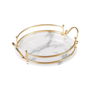Easy Shop Fringe Frame Round Glass Serving Tray With Golden Metal Handle