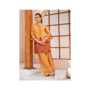 Ahlam Mustard Red Stripe Embroidery Raw Silk Kurta 1-piece