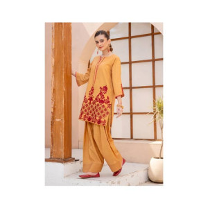 Ahlam Mustard Red Stripe Embroidery Raw Silk Kurta 1-piece