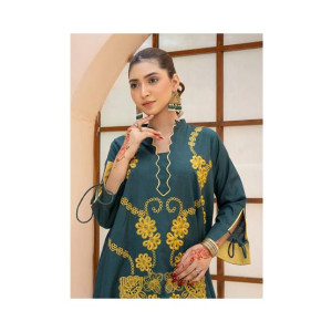 Ahlam Bottle Green Gold Embroidery Raw Silk Suit 2-piece