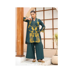 Ahlam Bottle Green Gold Embroidery Raw Silk Suit 2-piece