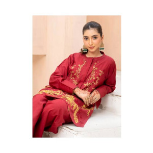 Ahlam Maroon Gold Vine Embroidery Raw Silk Suit 2-piece
