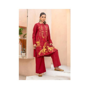 Ahlam Maroon Gold Vine Embroidery Raw Silk Suit 2-piece