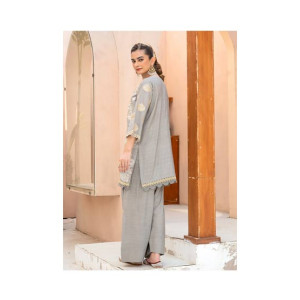 Ahlam Floral Gray Gold Embroidery Raw Silk Suit 2-piece