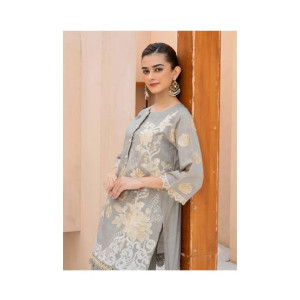 Ahlam Floral Gray Gold Embroidery Raw Silk Suit 2-piece