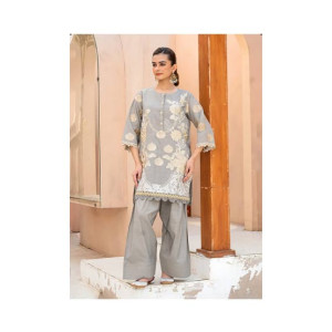 Ahlam Floral Gray Gold Embroidery Raw Silk Suit 2-piece