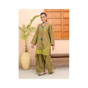 Ahlam Mocha Browm Threadwork Embroidery Raw Silk Suit 2-piece