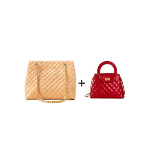 HBH Classic Quilted Duo Red Crossbody & Peach Tote Combo
