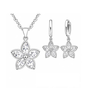 EvaEsh Floral Necklace Earrings Jewelry Set Silver
