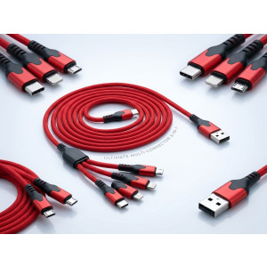 Universal 3-in-1 Red Braided Charging Cable – Simultaneous Fast Charge for Android, type C and iPhone