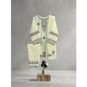 Women's Stitched Off-White Embroidered Kurti & Trousers Set - Premium Summer Cotton Pret ready to wear 