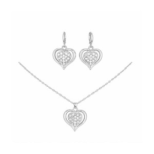 EvaEsh Heart Zircon Necklace Earrings Jewelry Set Silver