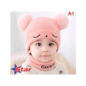 SS Mart Baby Hat Scarf Set Embroidery Double Pompom Kid