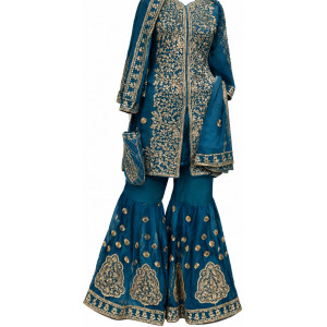 Teal Blue Heavy Embroidered Sharara Suit with Matching Handbag - 3 Piece Party Wear ready to wear 
