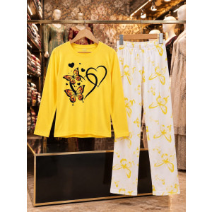 Soft Cotton Jersey 2-Piece Butterfly Printed Night Suit for Women – Yellow & White