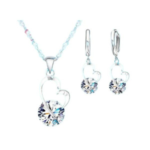 EvaEsh Heart Zircon Necklace Earrings Jewelry Set Silver (0009)