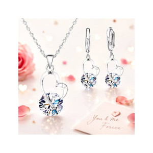 EvaEsh Heart Zircon Necklace Earrings Jewelry Set Silver (0009)