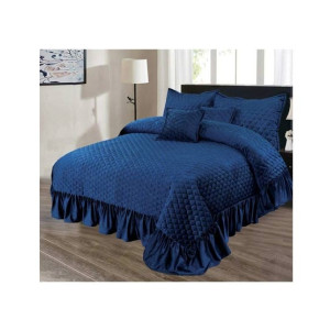 Maguari Luxury Quilted Frill Design King Bed Sheet Navy Blue