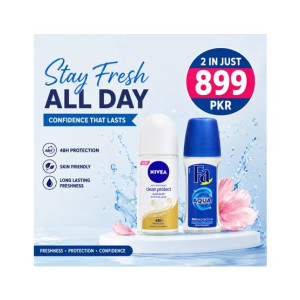 Nivea Clean Protect and Fa Aqua Roll On Deodorant Bundle 50ml (Pack of 2)