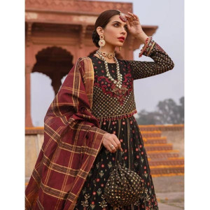 Salitex Bahaar Dastak Luxury Chiffon Unstitched 3 Piece Suit Black Multi (HC-28)