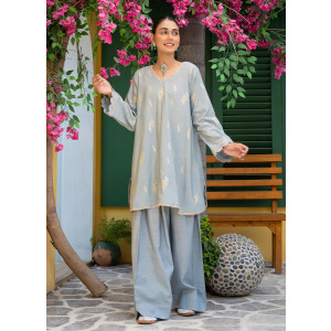 Ahlam Pearls Grey Jackard Suit 2-Piece