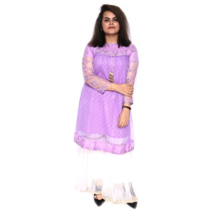 ASH Collection Net Embroidered Purple Kurti With Net Garara White