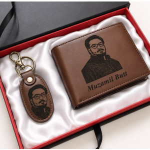 Personalized Brown Leather Wallet & Keychain Set