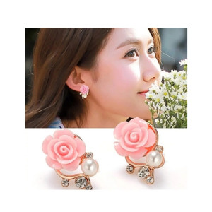 SS Mart Flower Pearl Earrings Gold Pink