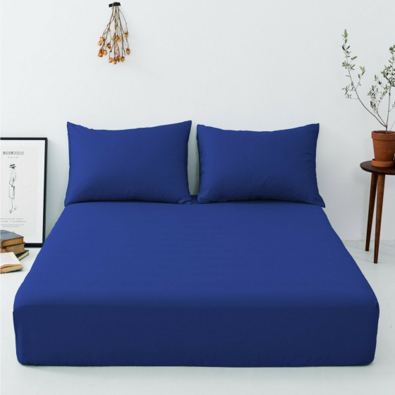 iShopping - Maguari Luxury Cotton Fitted Single Bed Sheet With Pillow Cover Navy Blue