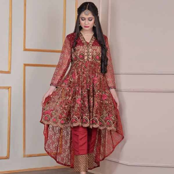 iShopping - Mashriqi Riwayat Embroidered Peplum Frock Style With Trouser Red Maroon