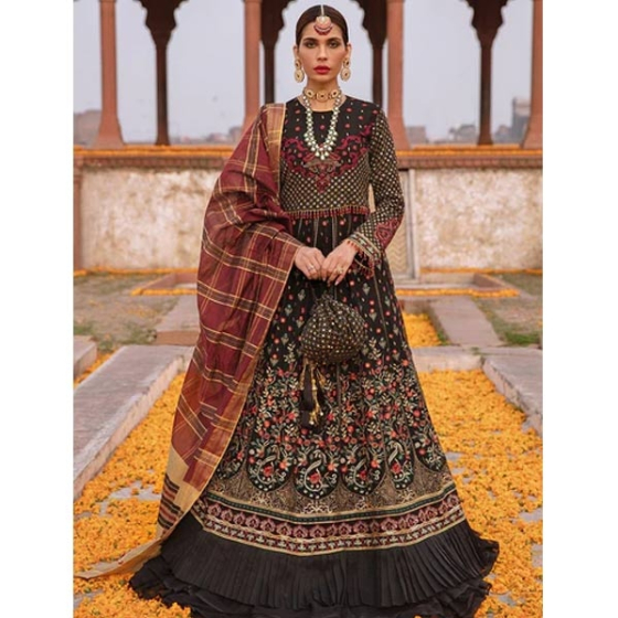 iShopping - Salitex Bahaar Dastak Luxury Chiffon Unstitched 3 Piece Suit Black Multi (HC-28)