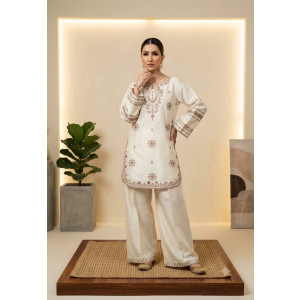 Women's Stitched Off-White Embroidered Kurti & Trousers Set - Premium Summer Cotton Pret ready to wear