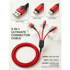 Universal 3-in-1 Red Braided Charging Cable – Simultaneous Fast Charge for Android, type C and iPhone