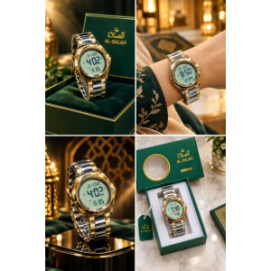 Al-Salah Islamic Digital Watch with 5 Prayer Alarms, Countdown & Dual Time - Gold & Silver Stainless Steel