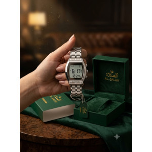 Al-Salah Islamic Digital Watch with 5 Prayer Alarms, Countdown & Dual Time - Gold & Silver Stainless Steel