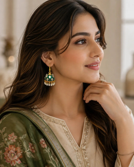 iShopping - House Of Nar Noor-e-Mehfil Jhumka Emerald Meenakari & Pearl Drop