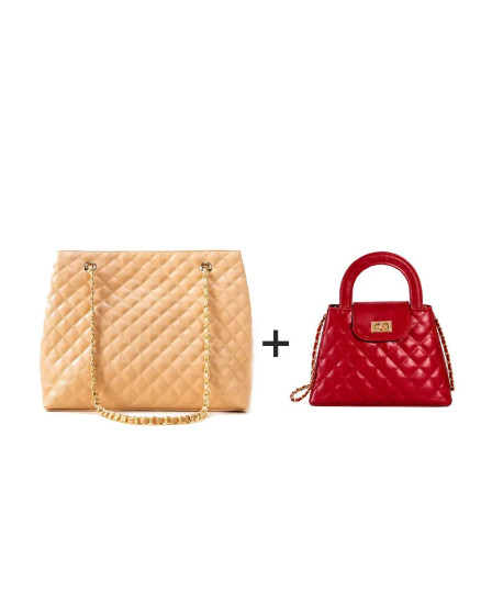 iShopping - HBH Classic Quilted Duo Red Crossbody & Peach Tote Combo