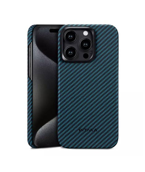iShopping - Pitaka Aramid Fiber Fusion MagEZ Case For iPhone 15 Pro Max - Black/Blue Twill