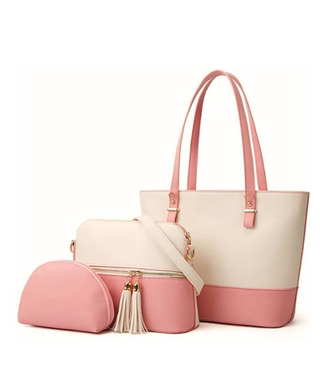 iShopping - Jazzy Stylish Shoulder Hand Bag Pink and White - 3 Piece
