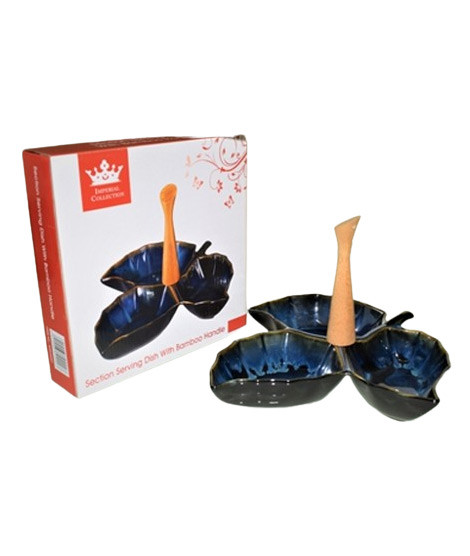 iShopping - Easy Shop 3 Partition Ceramic Dish With Wooden Handling Black