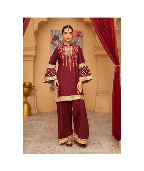 iShopping - Ahlam Garnet Embroidered Bana Dora Pret 2-piece