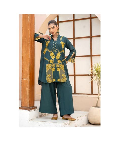 iShopping - Ahlam Bottle Green Gold Embroidery Raw Silk Suit 2-piece