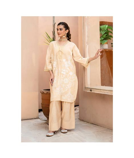 iShopping - Ahlam Detail Nude Beige Embroidery Raw Silk Suit 2-piece
